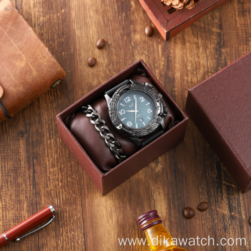 Stylish Men's Fashion Jewelry Watch Set 3 PCS Quartz Watches with Rhinestone Bracelet Necklace Punk Silver Wristwatch Set + Box